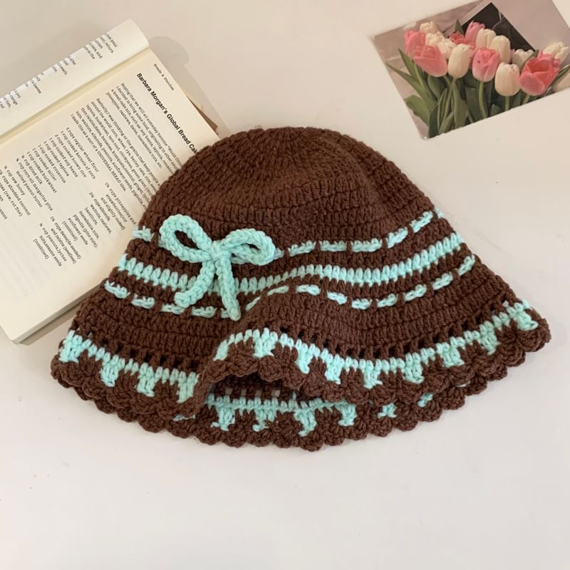 Bow Striped Knit Bonnet Hat