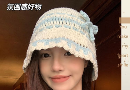 Bow Striped Knit Bonnet Hat