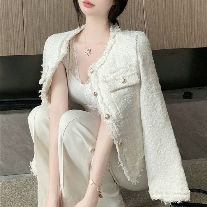 Round Neck Fringed Tweed Button Jacket