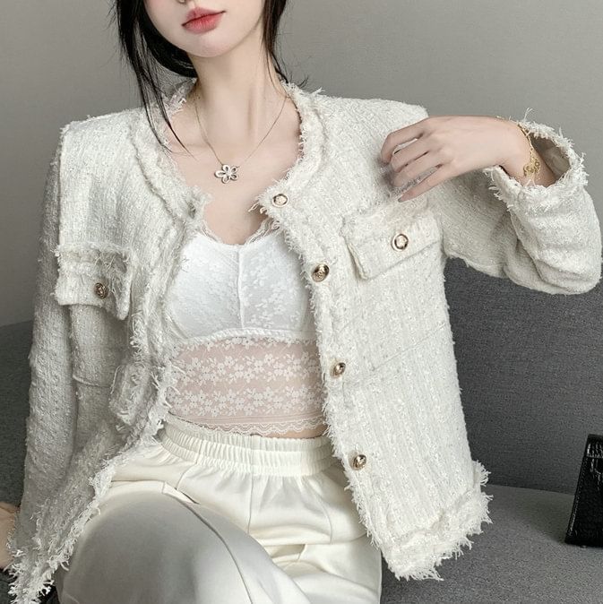 Round Neck Fringed Tweed Button Jacket