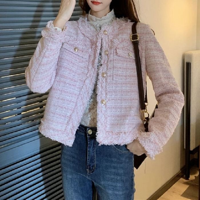Round Neck Fringed Tweed Button Jacket