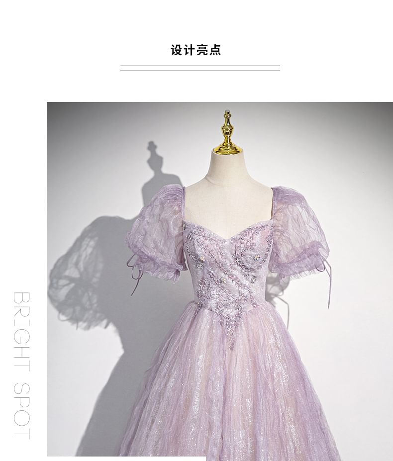 Puff-Sleeve Sweetheart-Neckline Floral Print A-Line Evening Gown