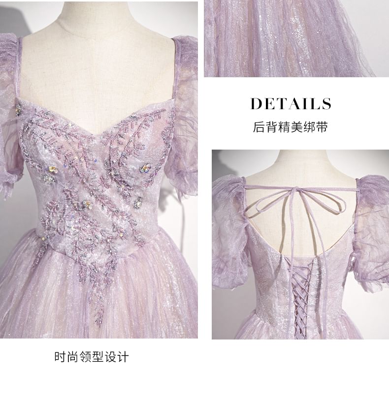 Puff-Sleeve Sweetheart-Neckline Floral Print A-Line Evening Gown