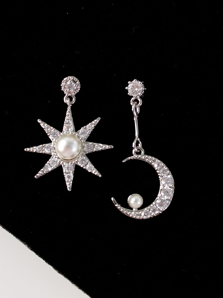 Moon Pearl Dangle Asymmetrical Faux Rhinestone Star Earring Alloy