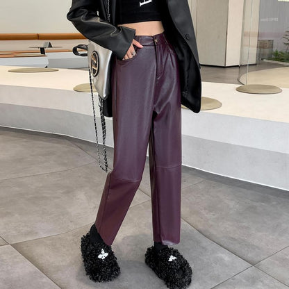 High Waist Plain Faux Leather Cropped Tapered Pants