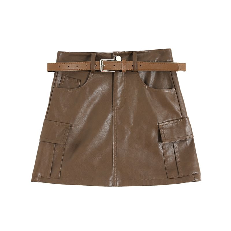 High Rise Plain Faux Leather Mini A-Line Skirt