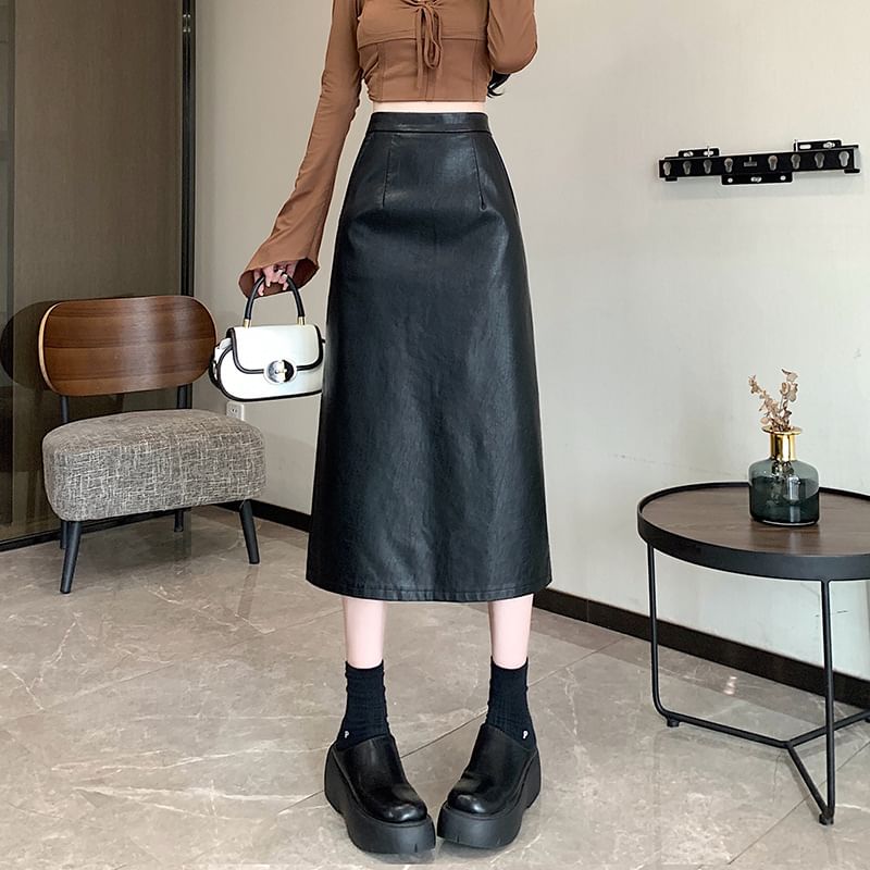 High Rise Plain Faux Leather Midi A-Line Skirt