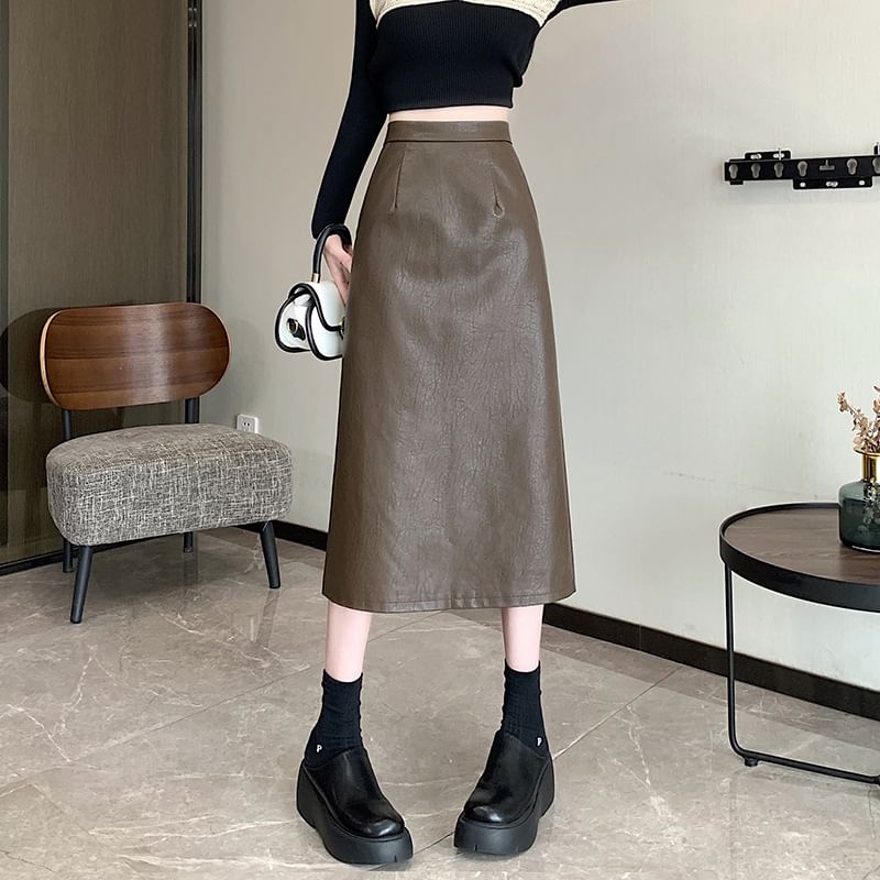 High Rise Plain Faux Leather Midi A-Line Skirt