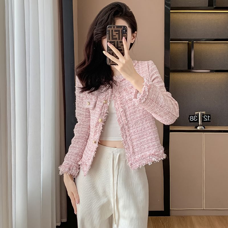 Crew Neck Frayed Button-Up Tweed Crop Jacket