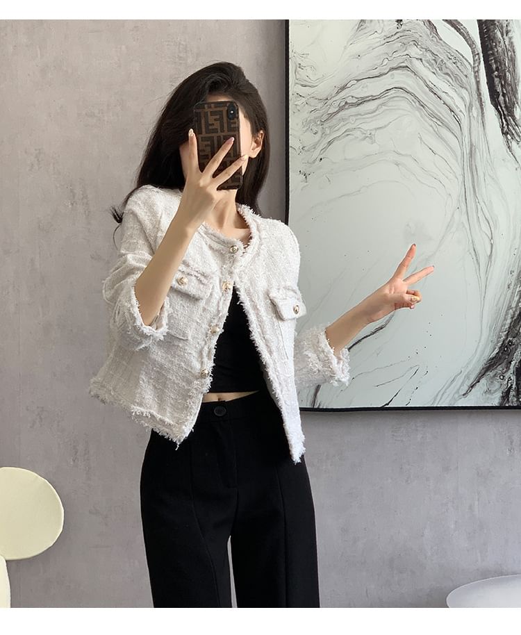Crew Neck Frayed Button-Up Tweed Crop Jacket