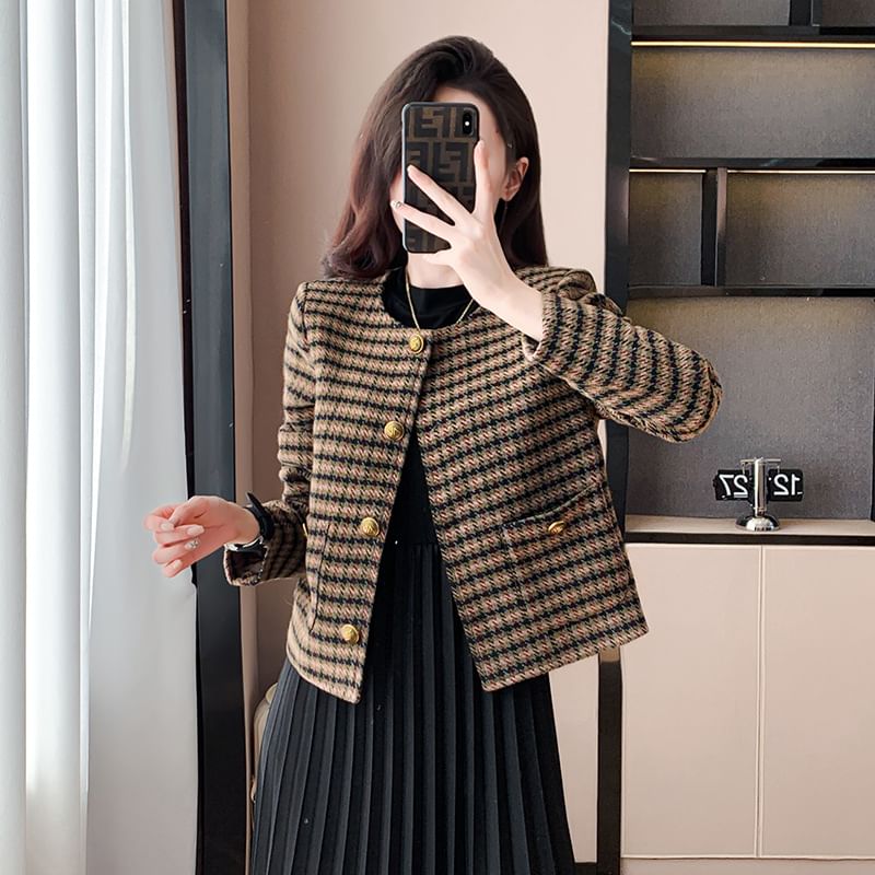 Crew Neck Plaid Button-Up Crop Jacket