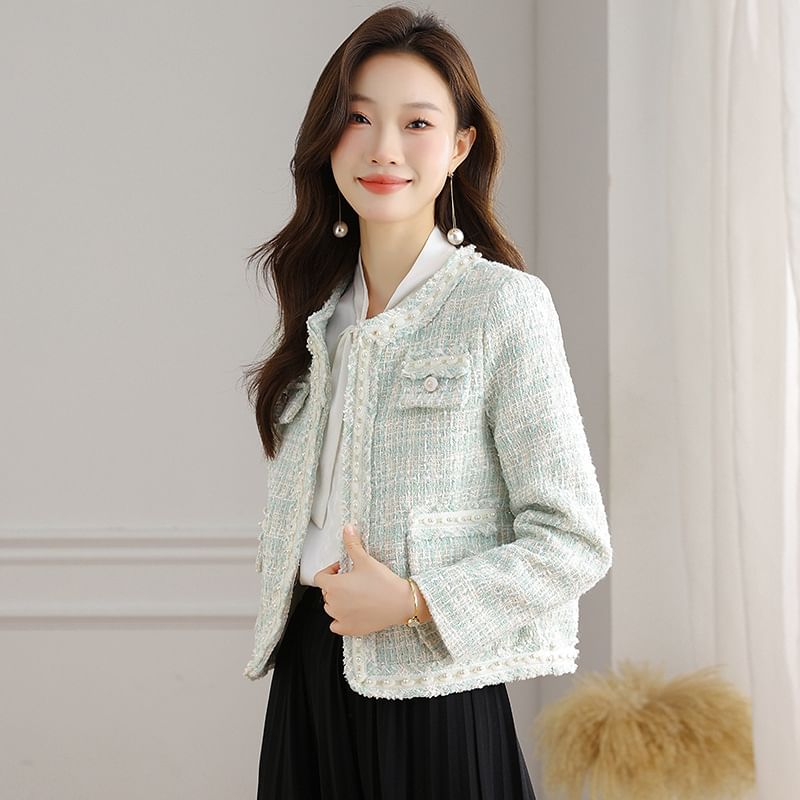 Crew Neck Faux Pearl Accent Open Front Tweed Crop Jacket