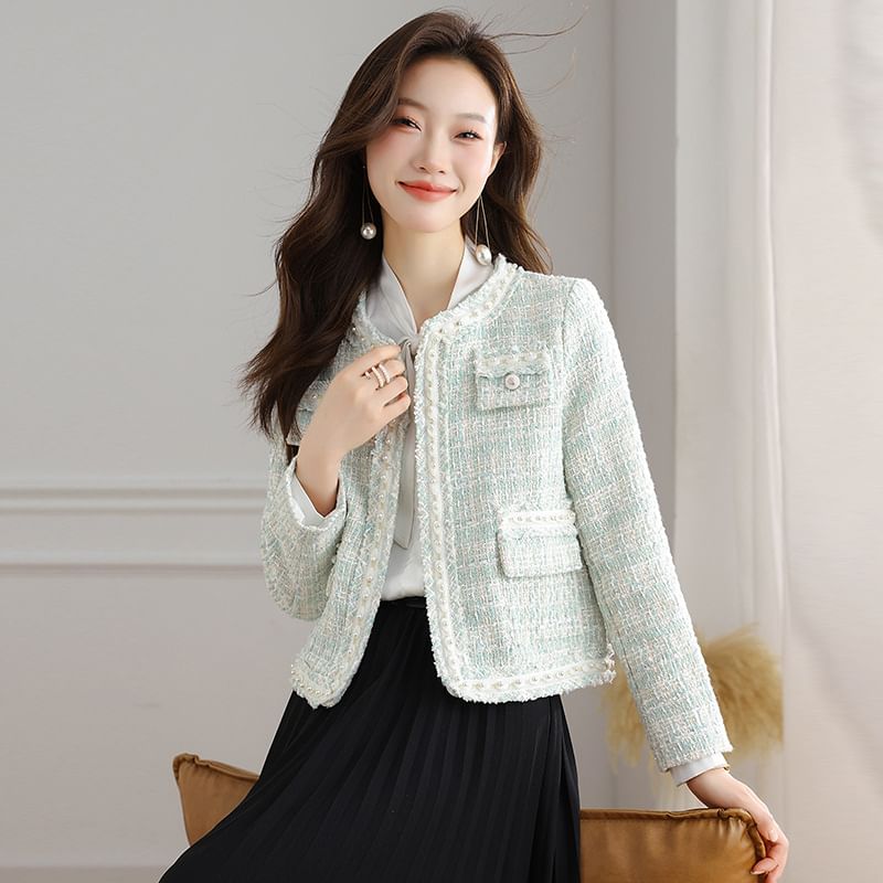 Crew Neck Faux Pearl Accent Open Front Tweed Crop Jacket