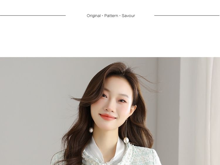 Crew Neck Faux Pearl Accent Open Front Tweed Crop Jacket