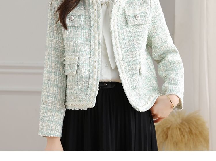 Crew Neck Faux Pearl Accent Open Front Tweed Crop Jacket