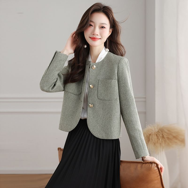 Crew Neck Button-Up Tweed Crop Jacket