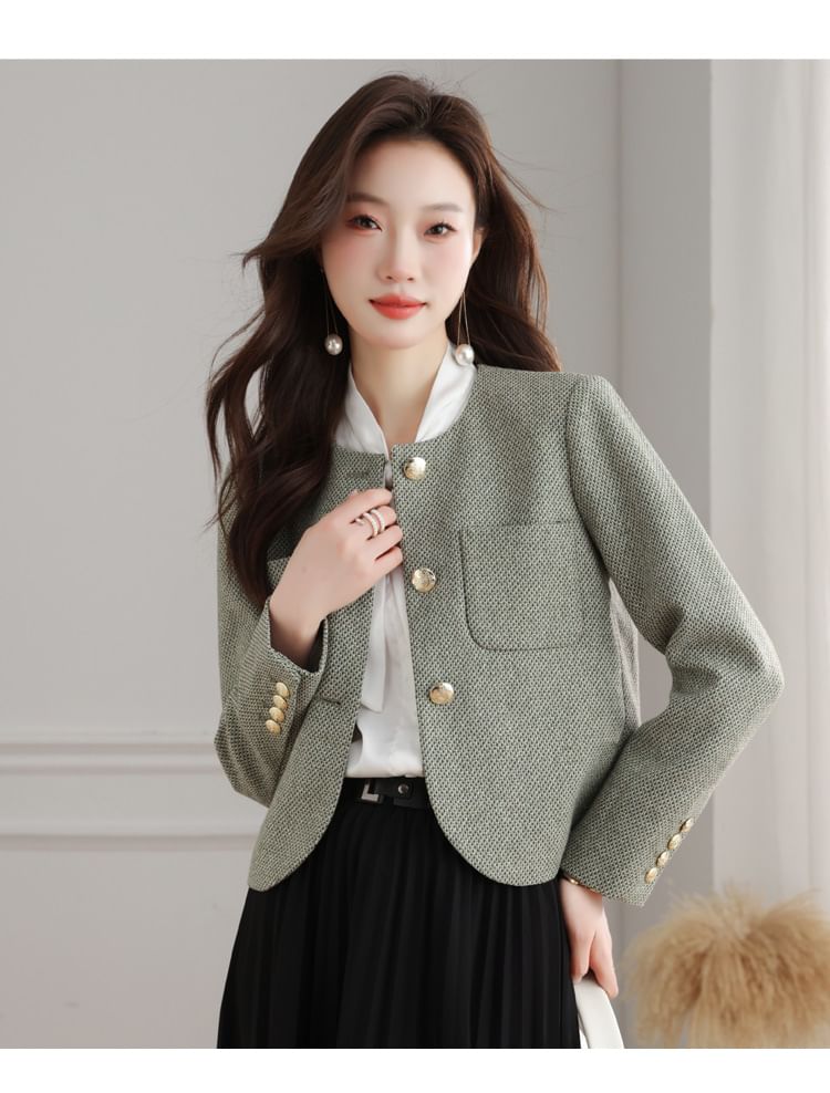 Crew Neck Button-Up Tweed Crop Jacket