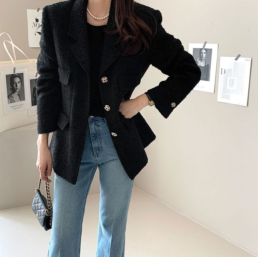 Notch Lapel Plain Tweed Single Breasted Blazer