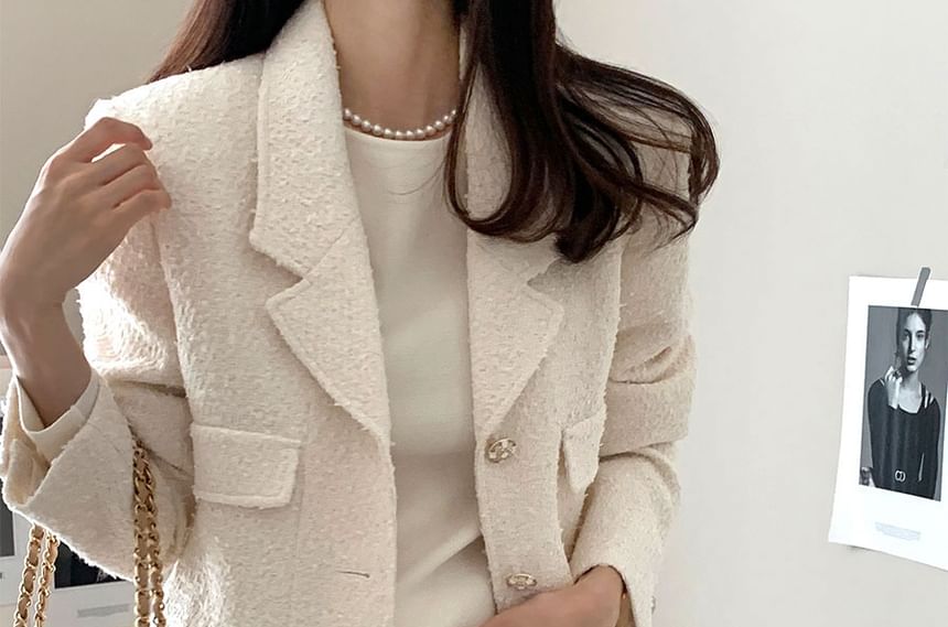 Notch Lapel Plain Tweed Single Breasted Blazer