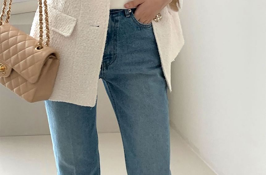 Notch Lapel Plain Tweed Single Breasted Blazer