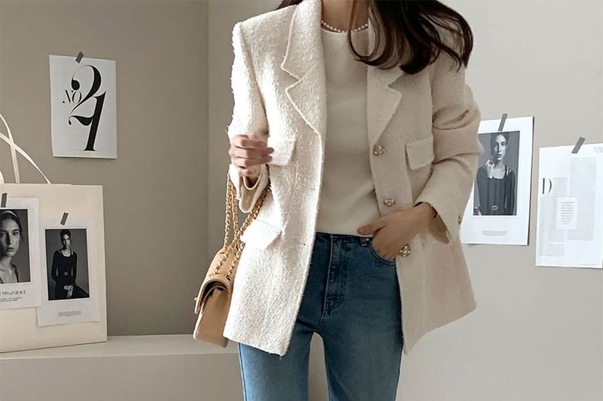 Notch Lapel Plain Tweed Single Breasted Blazer