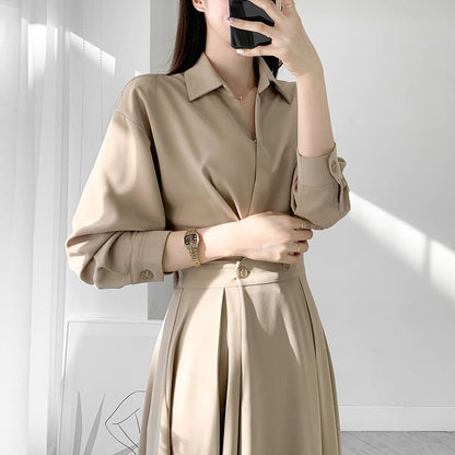 Long Sleeve Collared Plain Double Breasted Midi A-Line Shirt Dress