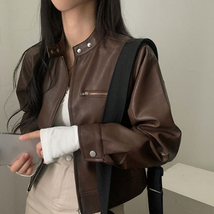 Band Collar Plain Faux Leather Zip Jacket