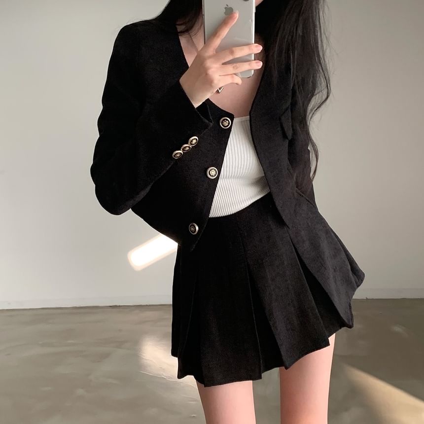 Round Neck Plain Crop Button Jacket / High Rise Pleated Mini A-Line Skirt