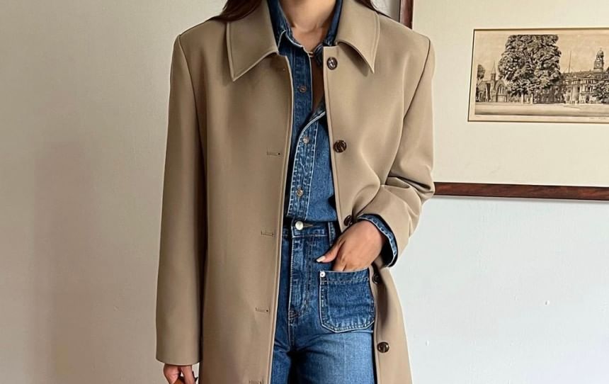 Collared Plain Midi Button Trench Coat