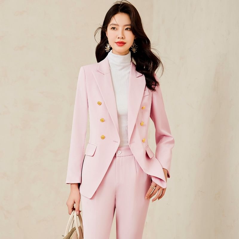 Double-Breasted Blazer with Blouse, Trousers, and Mini Skirt Ensemble