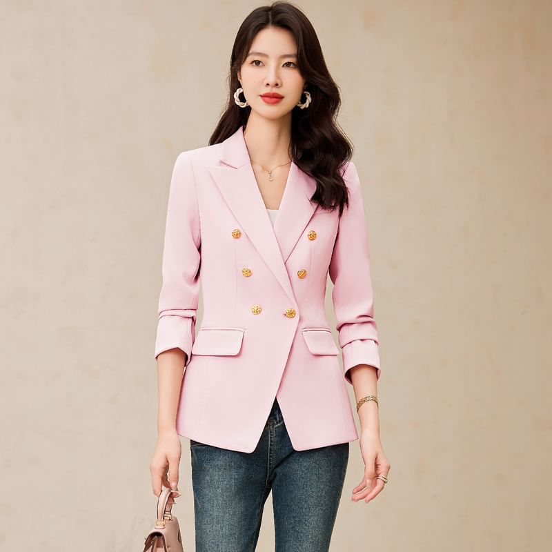 Double-Breasted Blazer with Blouse, Trousers, and Mini Skirt Ensemble