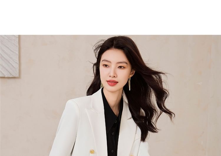 Double-Breasted Blazer with Blouse, Trousers, and Mini Skirt Ensemble