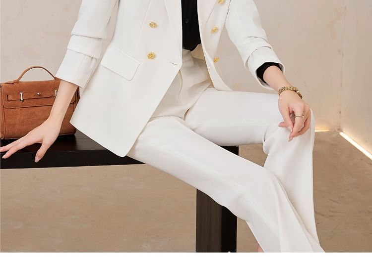 Double-Breasted Blazer with Blouse, Trousers, and Mini Skirt Ensemble