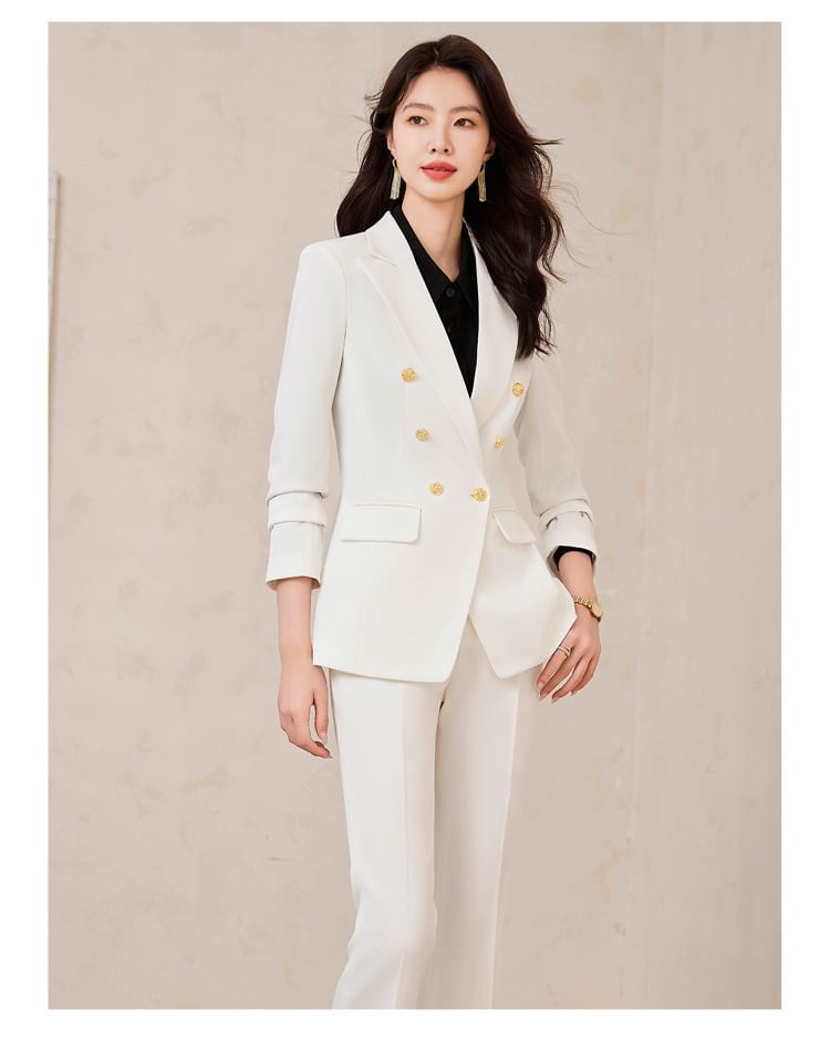 Double-Breasted Blazer with Blouse, Trousers, and Mini Skirt Ensemble