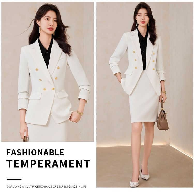 Double-Breasted Blazer with Blouse, Trousers, and Mini Skirt Ensemble