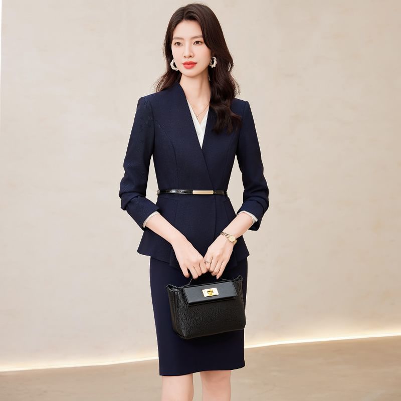 V-Neck Tie Waist Blazer with Blouse, Suit Pants, and Mini Skirt Set