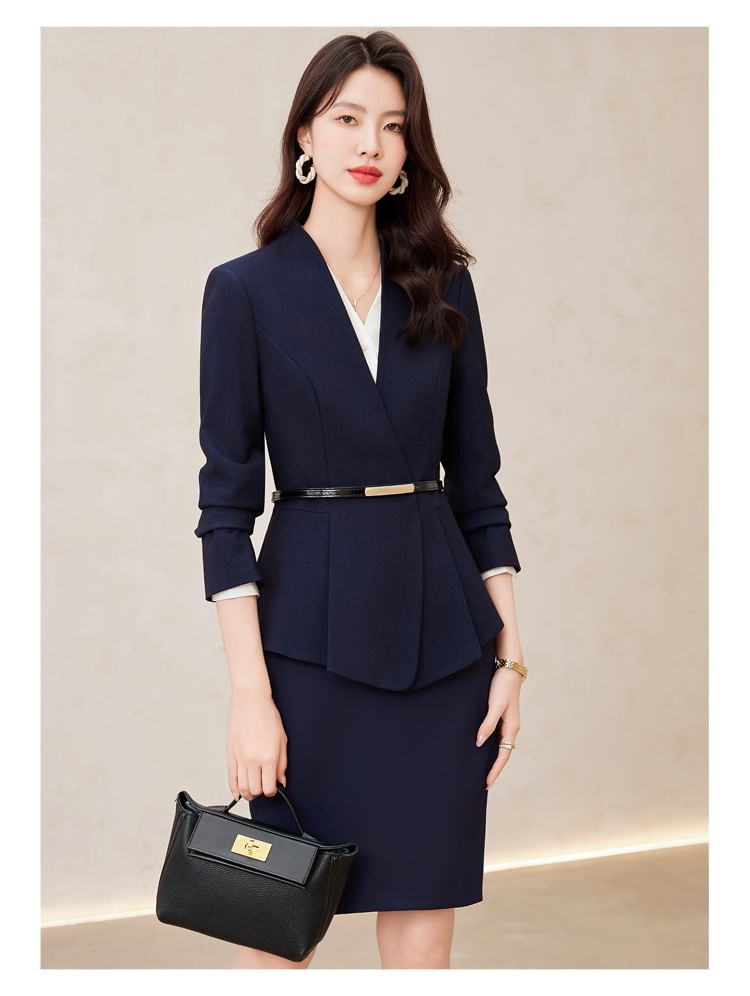 V-Neck Tie Waist Blazer with Blouse, Suit Pants, and Mini Skirt Set