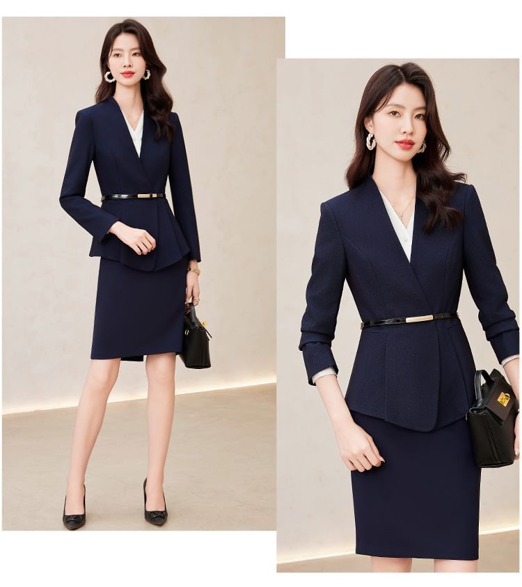 V-Neck Tie Waist Blazer with Blouse, Suit Pants, and Mini Skirt Set