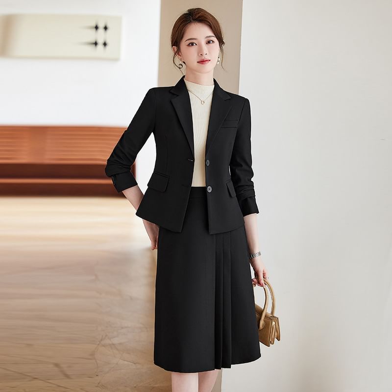 Notched-Lapel Single-Breasted Blazer with Pleated Flare Skirt Set