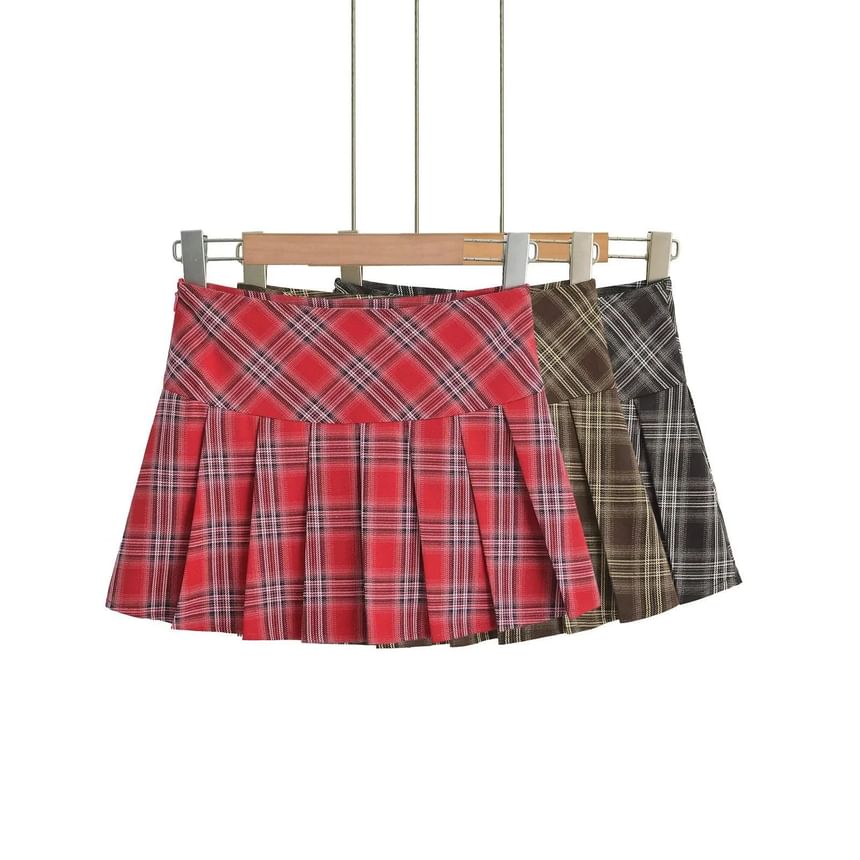 Low-Rise Checkered Mini Pleated Flare Skirt