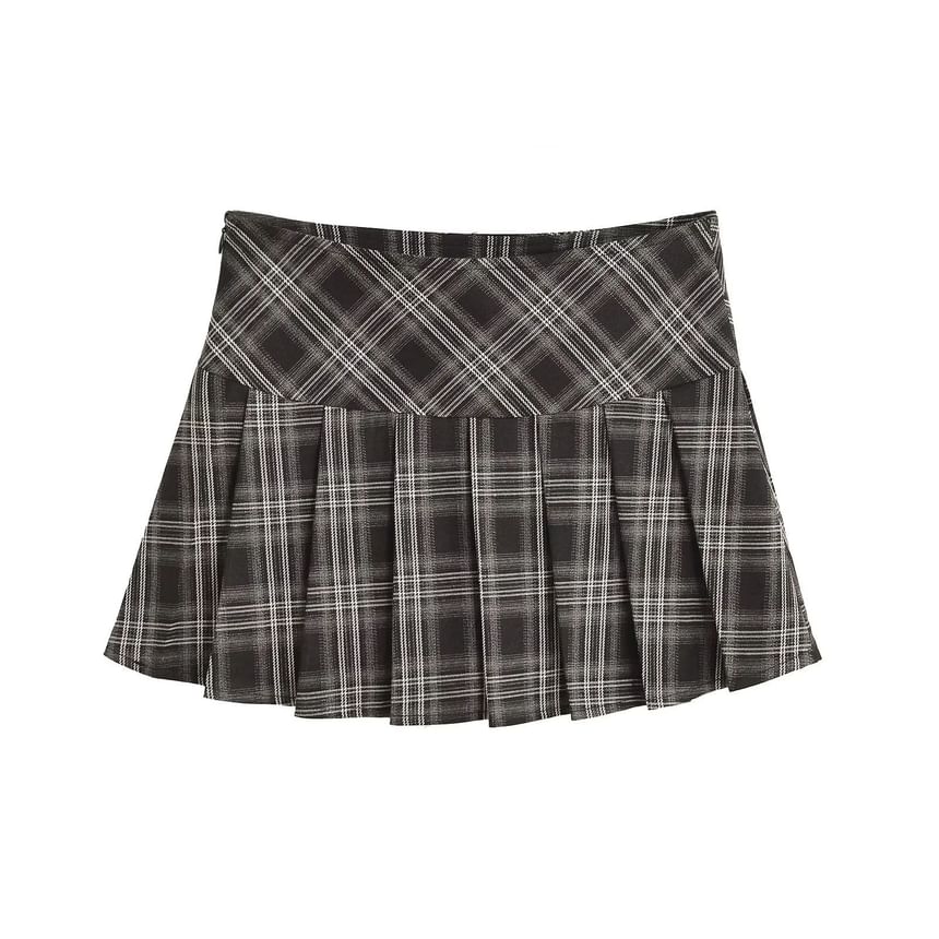 Low-Rise Checkered Mini Pleated Flare Skirt