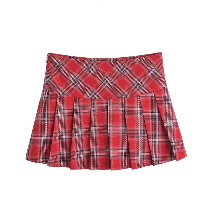 Low-Rise Checkered Mini Pleated Flare Skirt