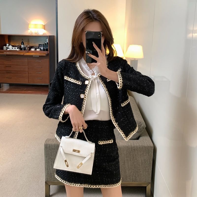 Long Sleeve Tie-Neck Blouse with Tweed Jacket and Mini Skirt Set