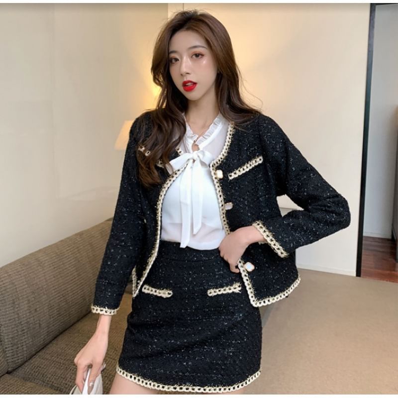 Long Sleeve Tie-Neck Blouse with Tweed Jacket and Mini Skirt Set