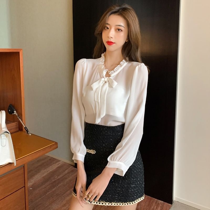Long Sleeve Tie-Neck Blouse with Tweed Jacket and Mini Skirt Set