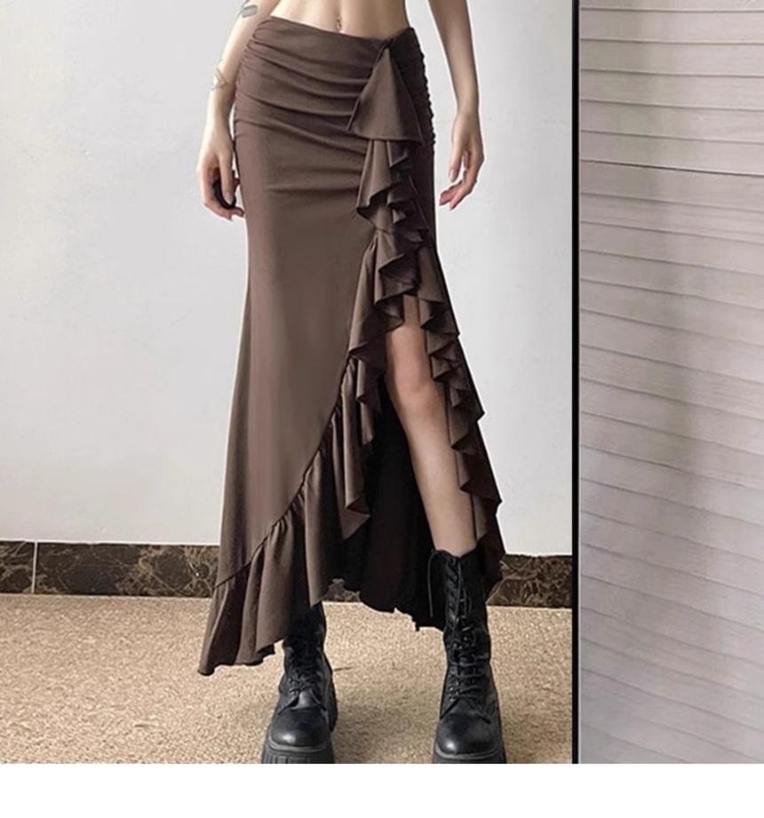 High-Rise Ruffled Asymmetric Fitted Pencil Skirt