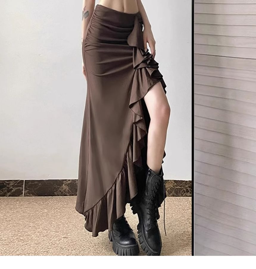 High-Rise Ruffled Asymmetric Fitted Pencil Skirt