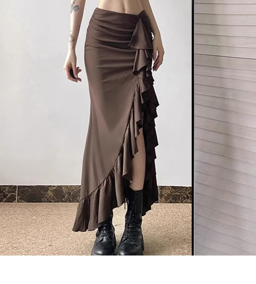 High-Rise Ruffled Asymmetric Fitted Pencil Skirt
