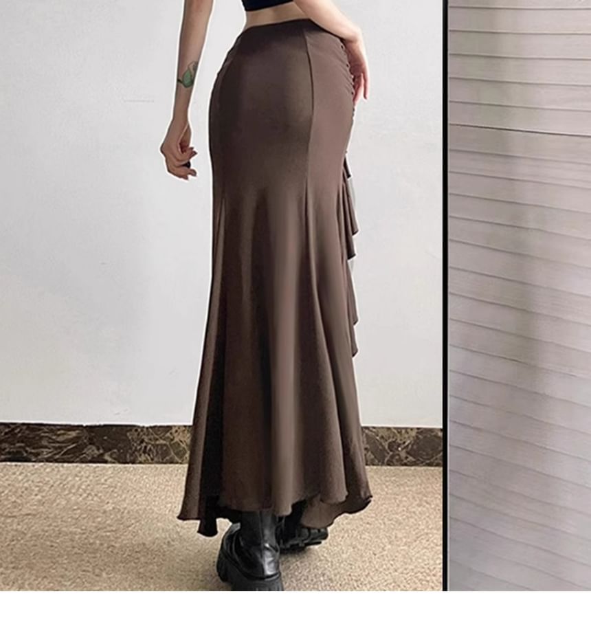 High-Rise Ruffled Asymmetric Fitted Pencil Skirt