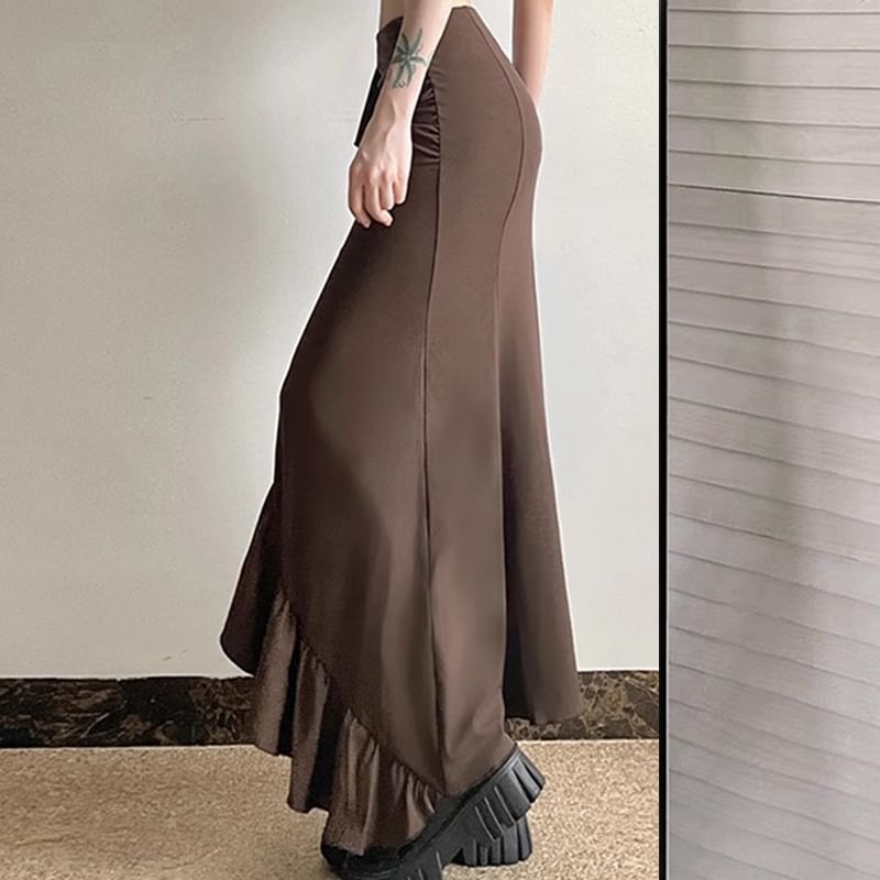 High-Rise Ruffled Asymmetric Fitted Pencil Skirt